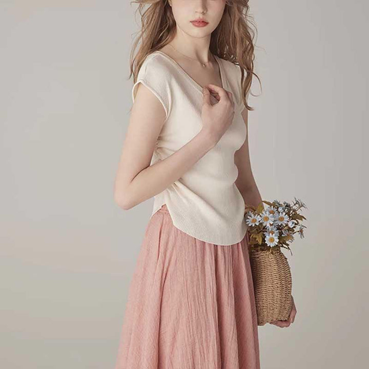 Gentle Solid Color Simple V-neck Short Sleeve Slimming Women's - Trendha