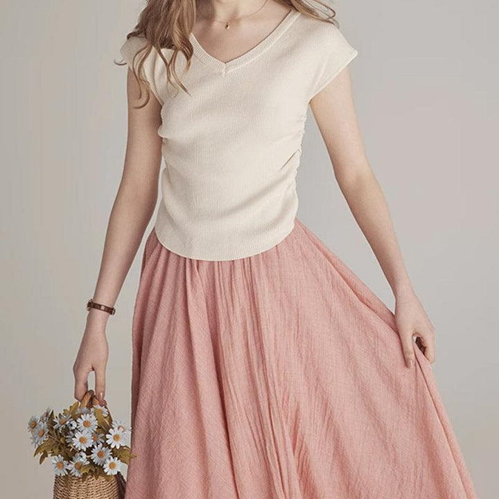 Gentle Solid Color Simple V-neck Short Sleeve Slimming Women's - Trendha