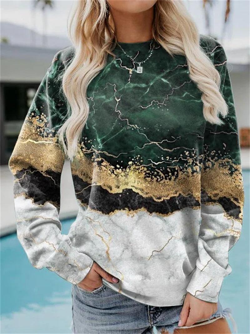 Geometric Loose Print Long Sleeve Crew Neck Sweater - Trendha