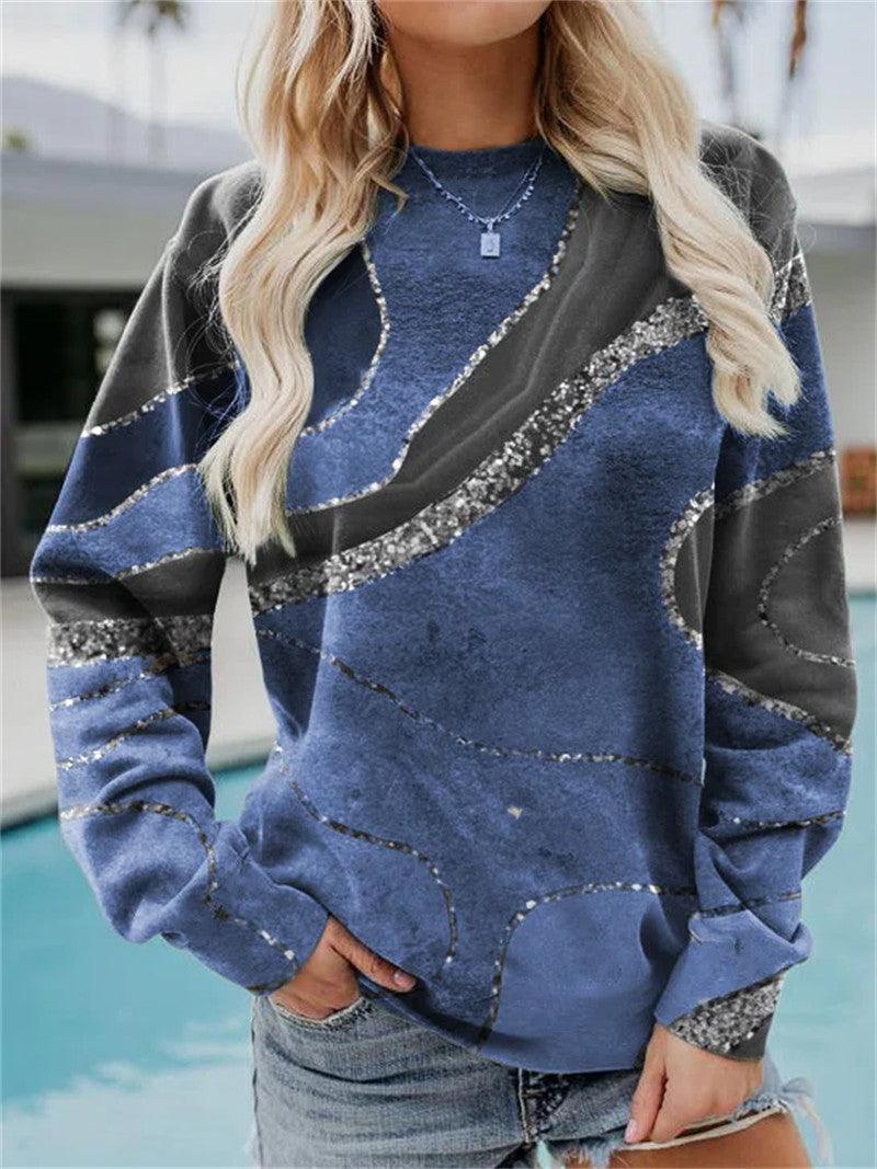 Geometric Loose Print Long Sleeve Crew Neck Sweater - Trendha