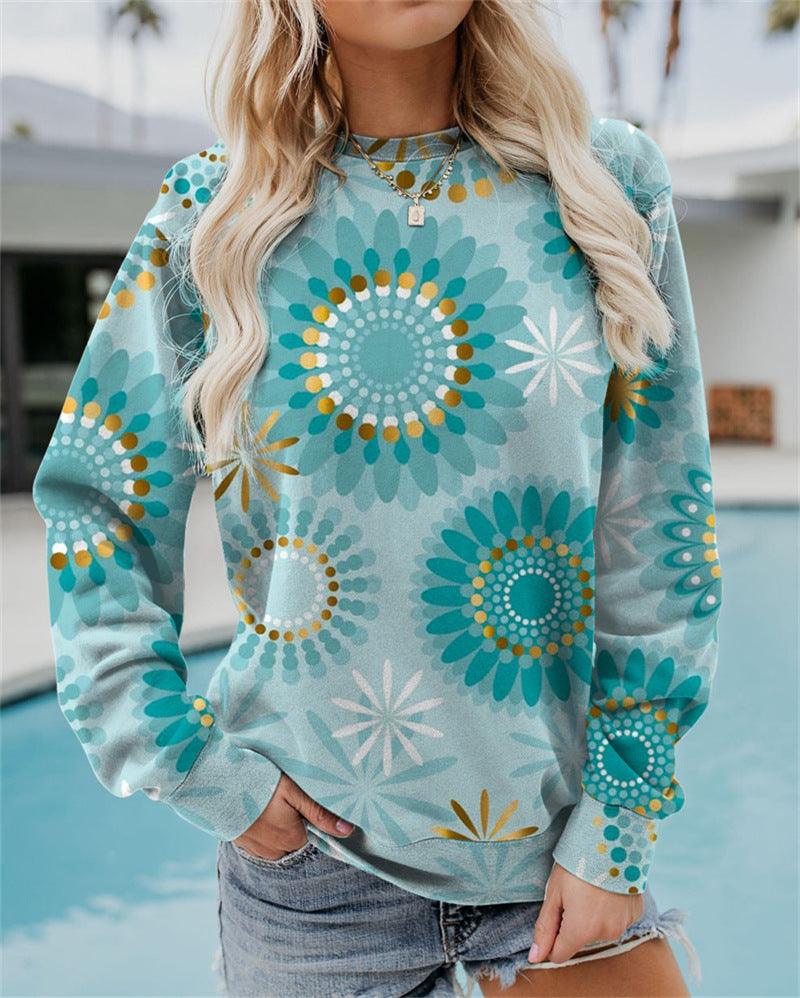 Geometric Loose Print Long Sleeve Crew Neck Sweater - Trendha