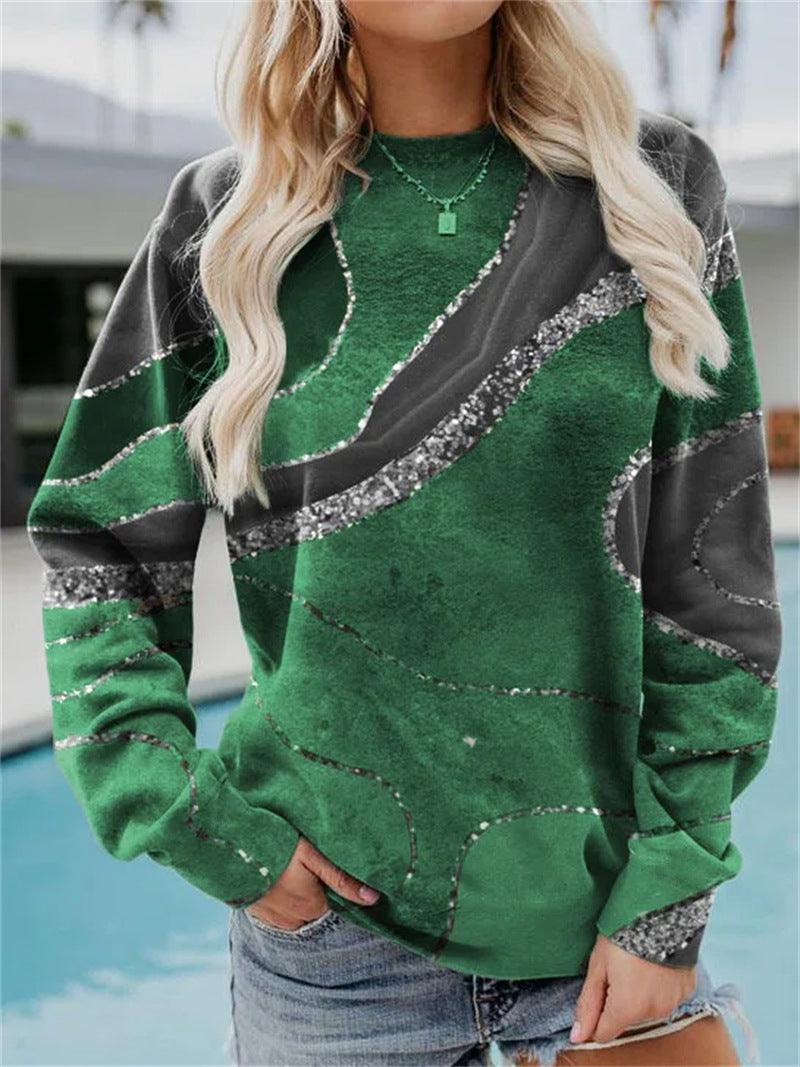 Geometric Loose Print Long Sleeve Crew Neck Sweater - Trendha