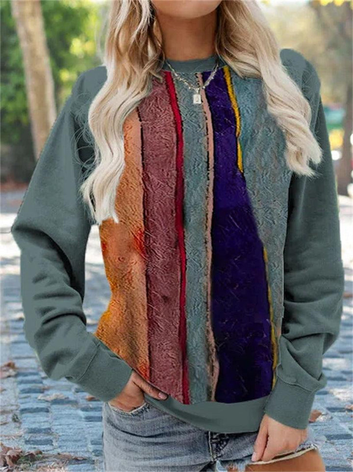 Geometric Loose Print Long Sleeve Crew Neck Sweater - Trendha
