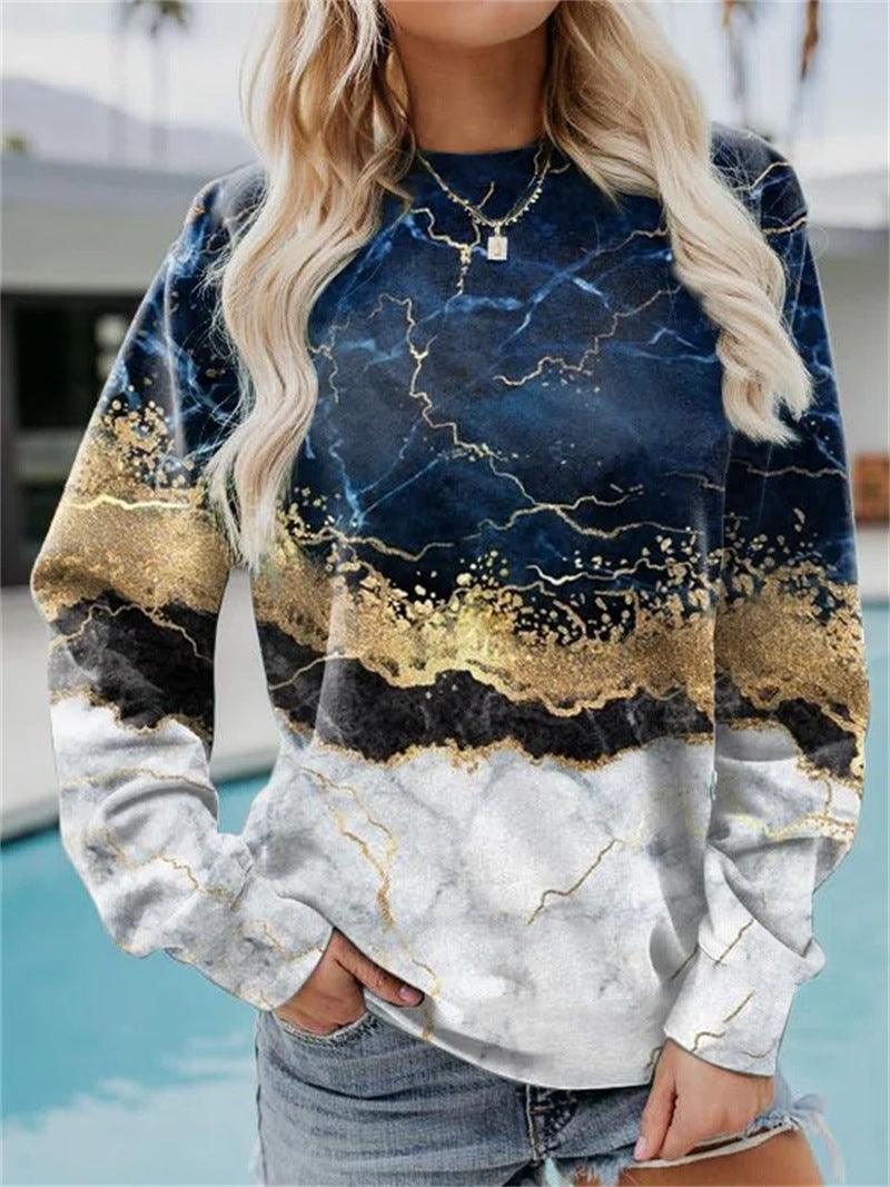 Geometric Loose Print Long Sleeve Crew Neck Sweater - Trendha