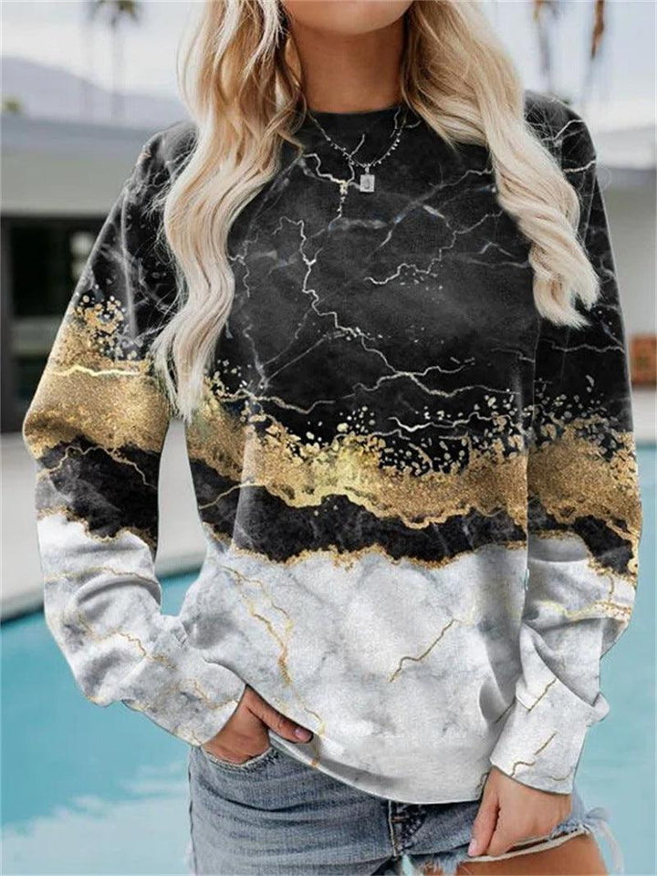 Geometric Loose Print Long Sleeve Crew Neck Sweater - Trendha