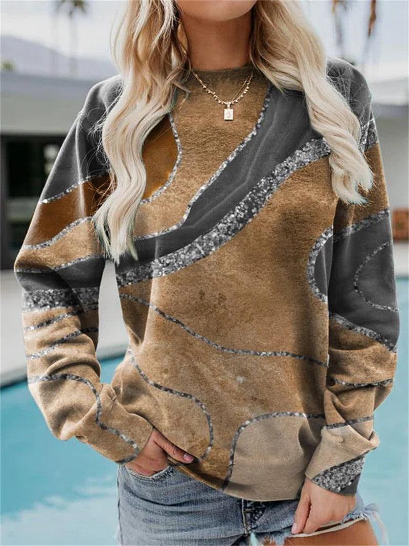 Geometric Loose Print Long Sleeve Crew Neck Sweater - Trendha