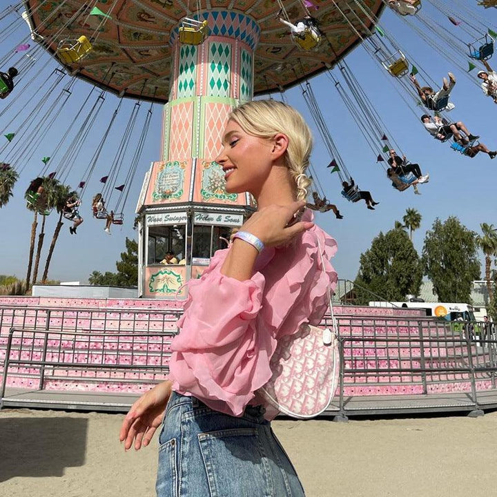 Girl's Heart Bow Tied V-neck Ruffled Short Top - Trendha