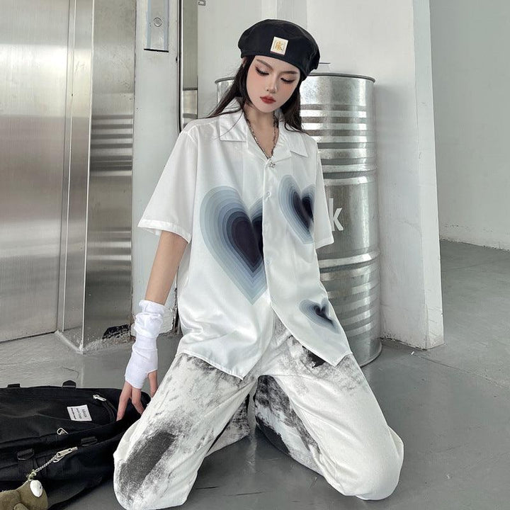 Gradient Love Print Short Sleeve Shirt - Trendha