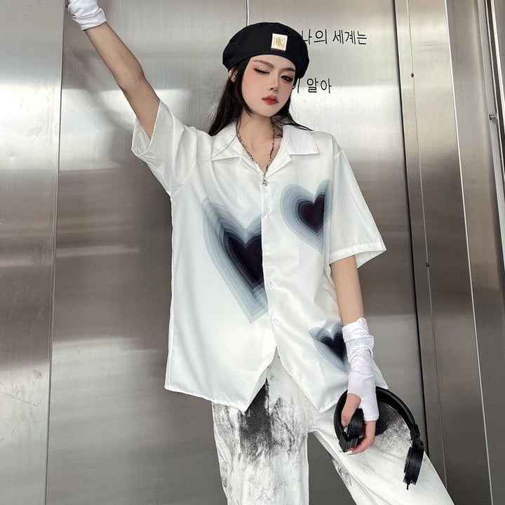 Gradient Love Print Short Sleeve Shirt - Trendha