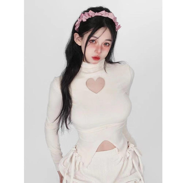Hollow Heart High Neck Long Sleeve T-shirt - Trendha