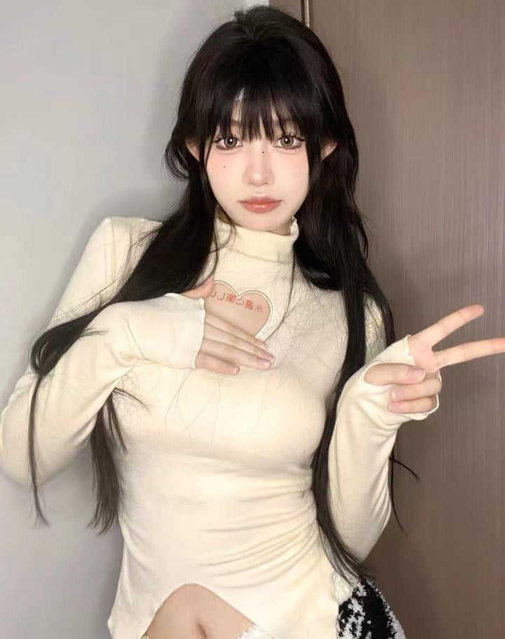 Hollow Heart High Neck Long Sleeve T-shirt - Trendha