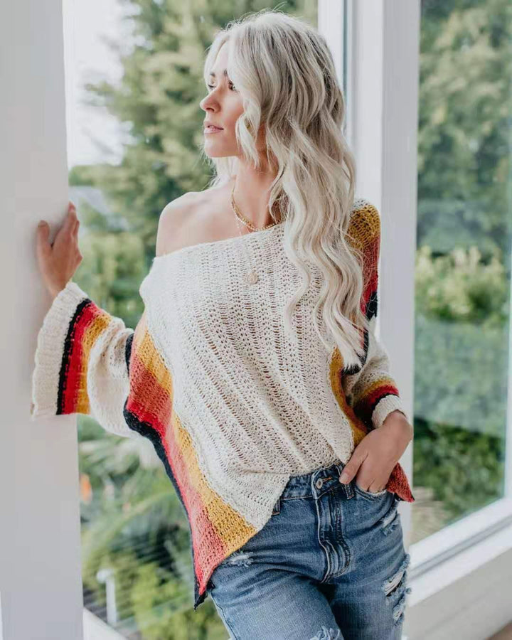 Hollow Out Beach Shirt With Knitted Rainbow - Trendha