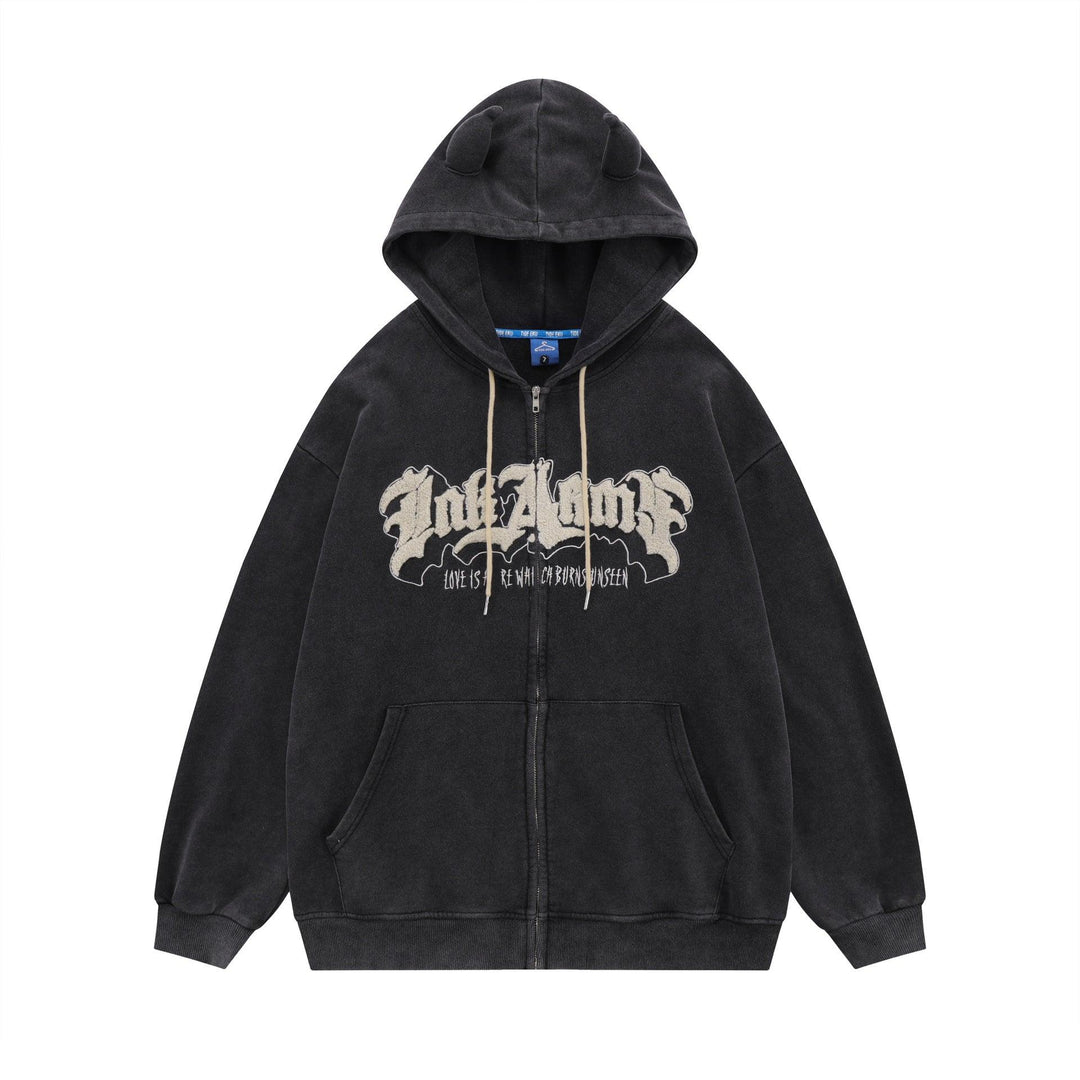 Hoodie Handdrawn Letter Loose Cardigan Long Sleeve Coat - Trendha