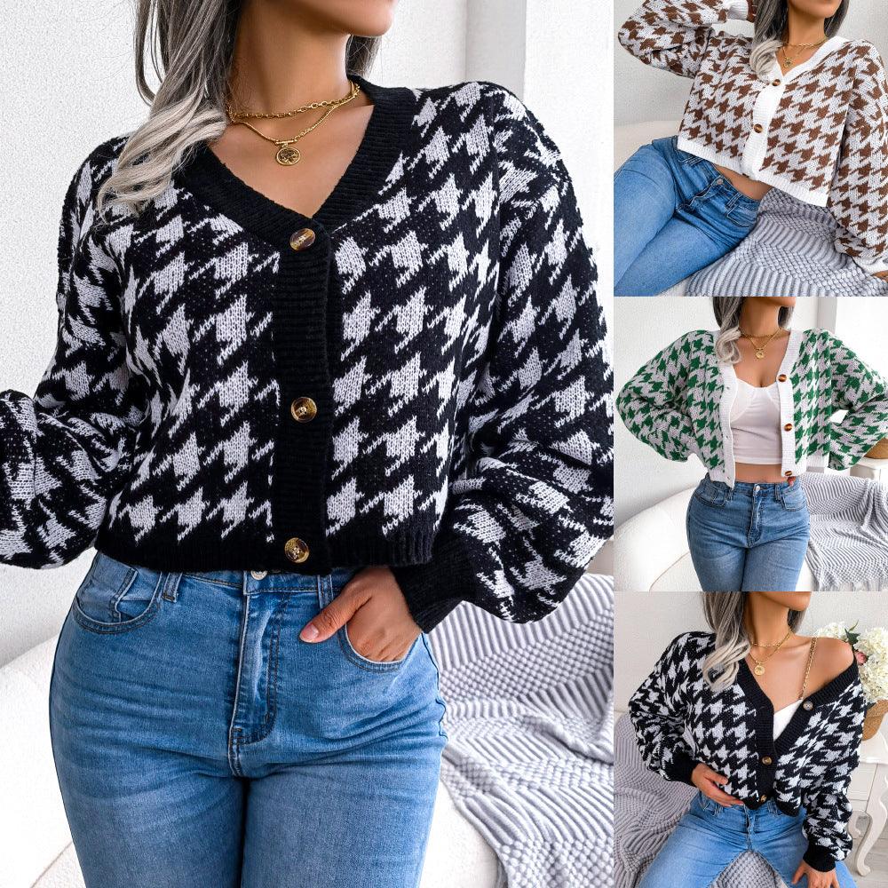 Ins Casual Lantern Long Sleeve Thousand Bird Check Cardigan Sweater