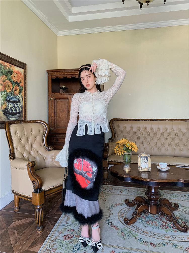 Lace Fabric Patchwork Large Hem Ruffled Sleeve Shirt - Trendha