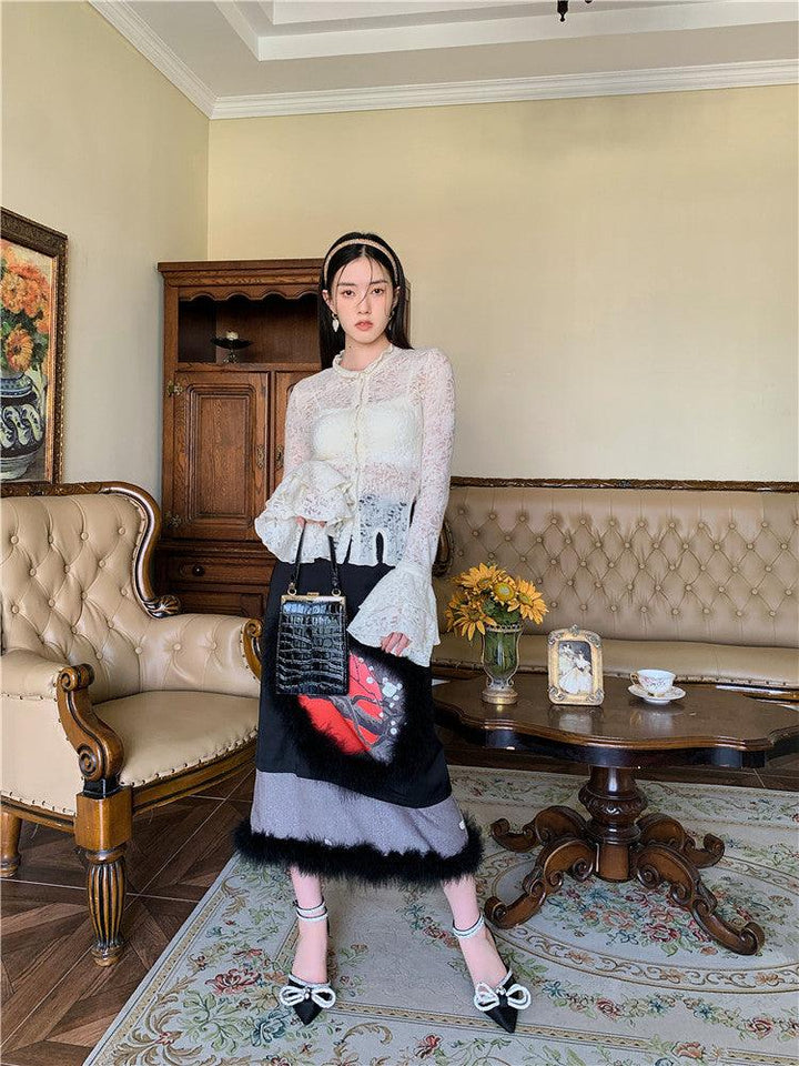 Lace Fabric Patchwork Large Hem Ruffled Sleeve Shirt - Trendha