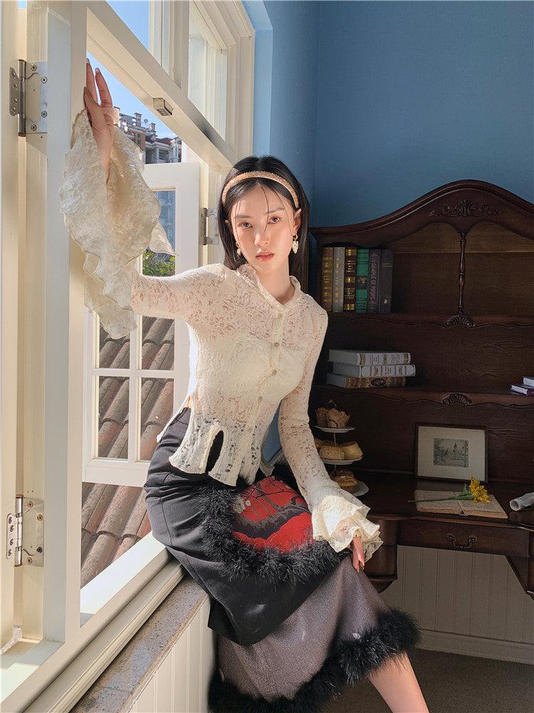 Lace Fabric Patchwork Large Hem Ruffled Sleeve Shirt - Trendha