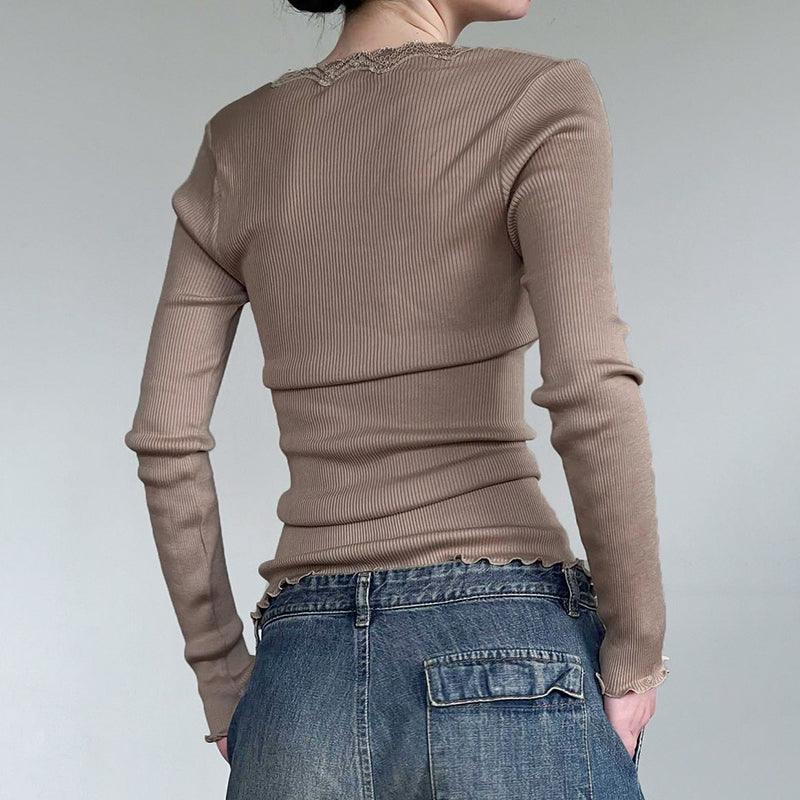 Lace Spliced Ribbed Slim Long Sleeve T-shirt - Trendha