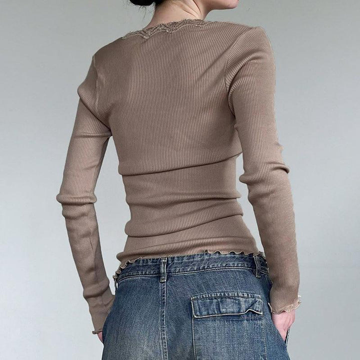 Lace Spliced Ribbed Slim Long Sleeve T-shirt - Trendha