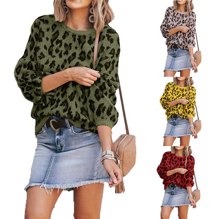Lantern Sleeve Leopard Jacquard Sweater Female - Trendha