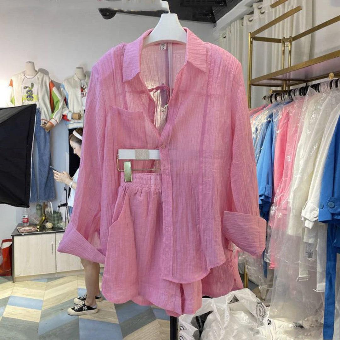 Loose Long-Sleeve Shirt and Shorts Set