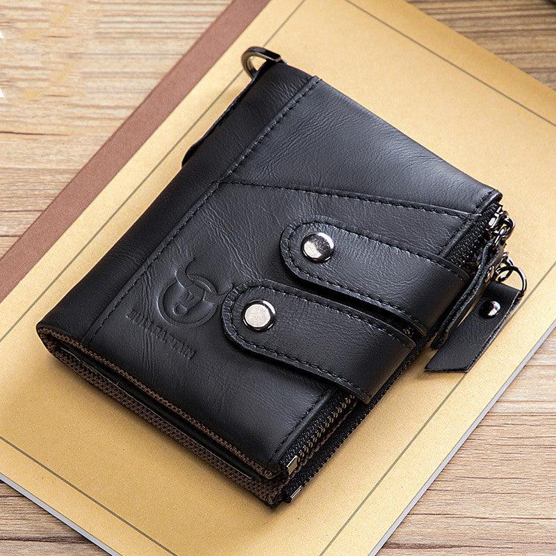 Men's Genuine Leather Retro Zipper Tri-fold Cowhide Wallet