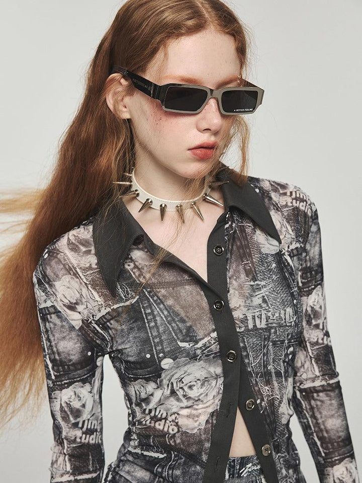 Mid-length Printed Mesh Pleated Waist Shirt - Trendha