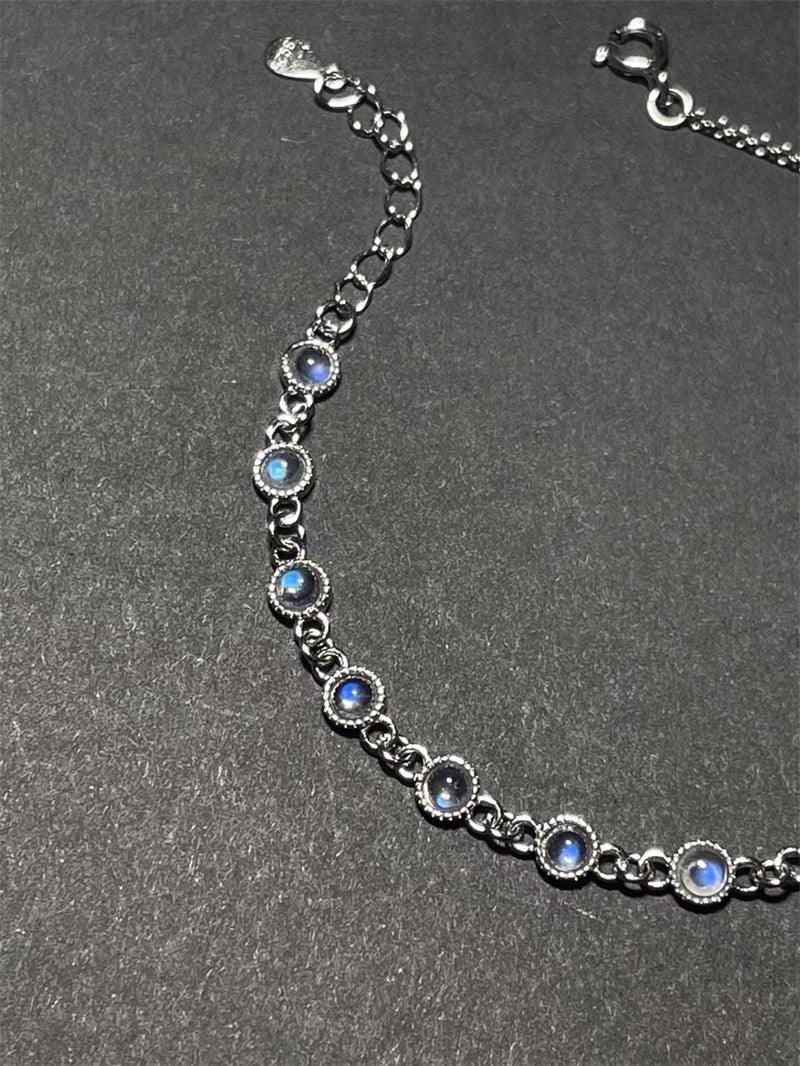 Natural Blue Moonlight Stone Silver 925 Inlaid Edge Bracelet - Trendha