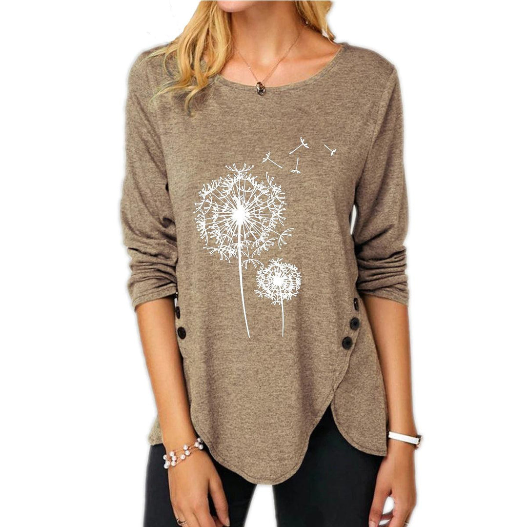 New Irregular Button Long Sleeve Round Neck Women's Printed Wear T-shirt - Trendha