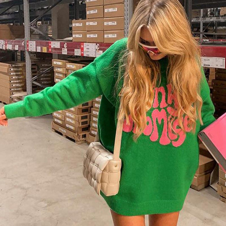 New Round Neck Long Sleeve Letter Pattern Jacquard Knitted Sweater Pullover - Trendha