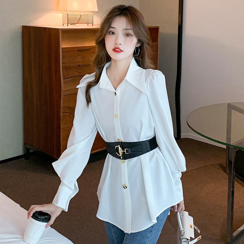 New Spring Elegant Long Sleeve Blouse Metal Buckle With Belt - Trendha