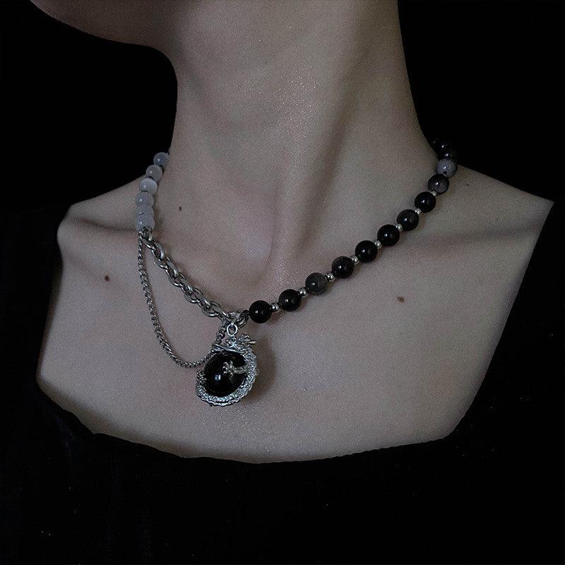 Black Artificial-Crystal Dragon Pendant Necklace