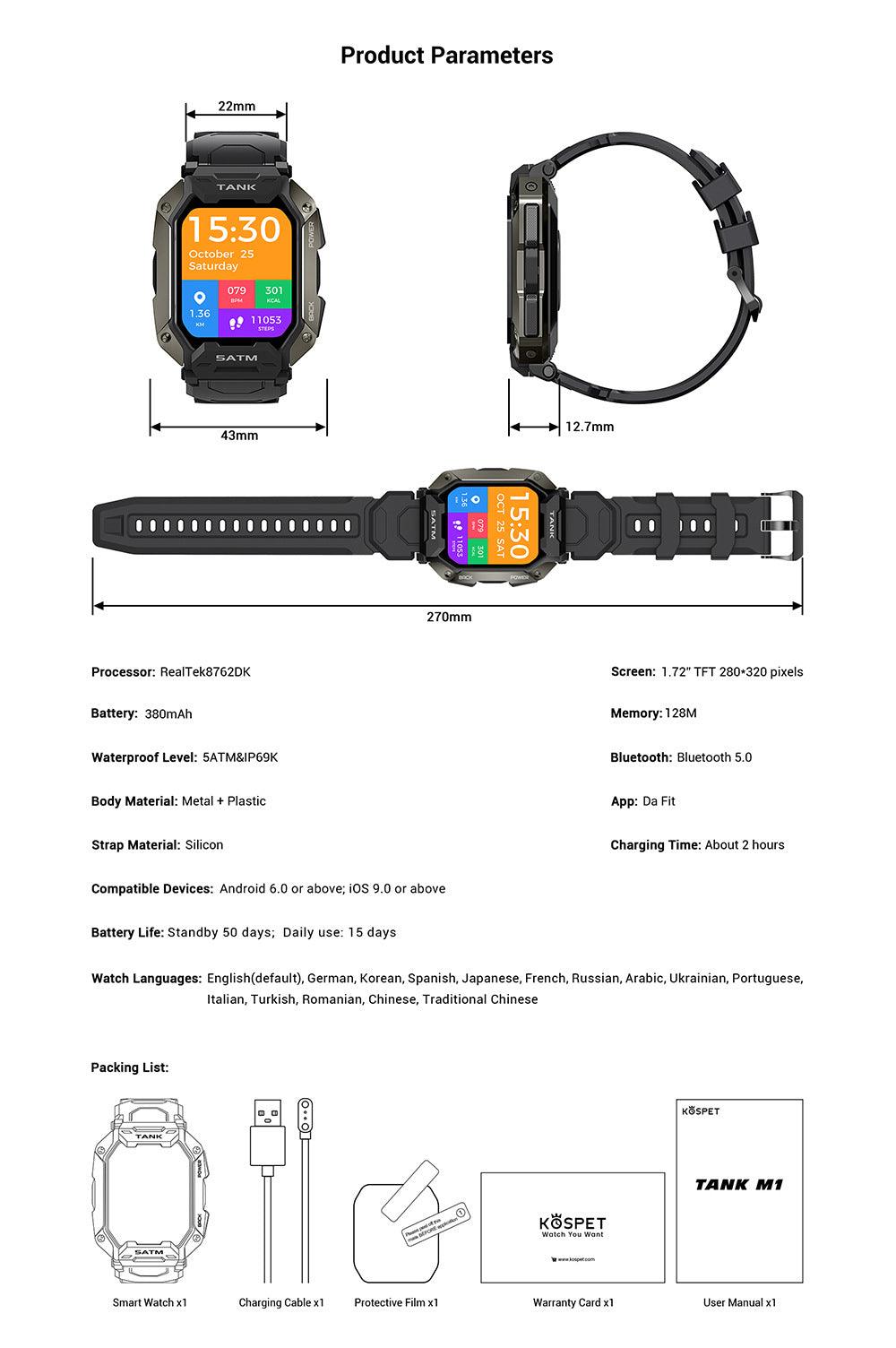 Outdoor Smart Watch 5ATM IP69K Waterproof Bluetooth - Trendha