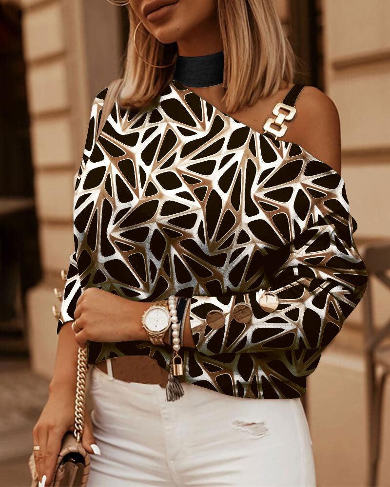 Printed Off-the-shoulder Long Sleeve Halter Metal Buckle Decorative Top - Trendha