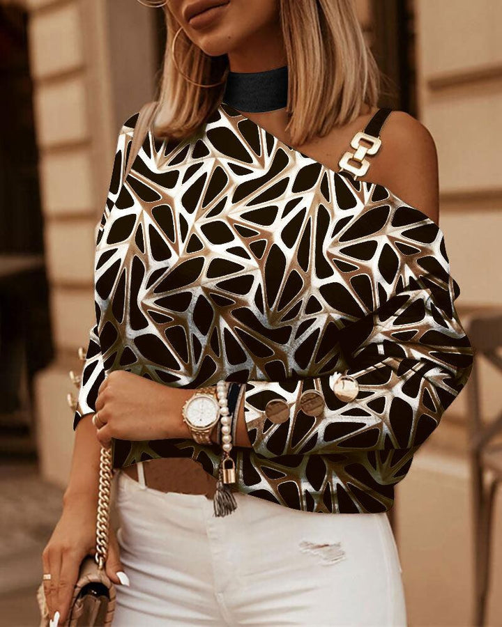Printed Off-the-shoulder Long Sleeve Halter Metal Buckle Decorative Top - Trendha