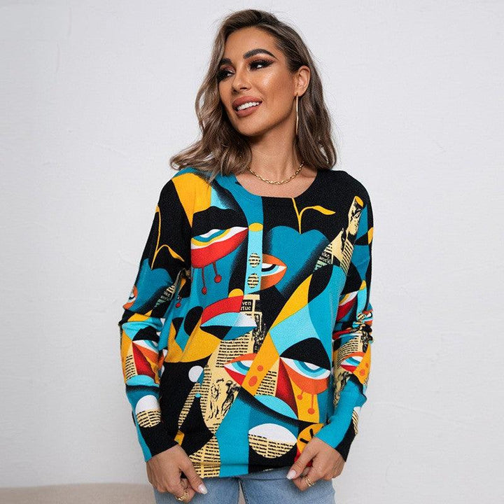 Printed Round Neck Pullover Knitted Sweater - Trendha