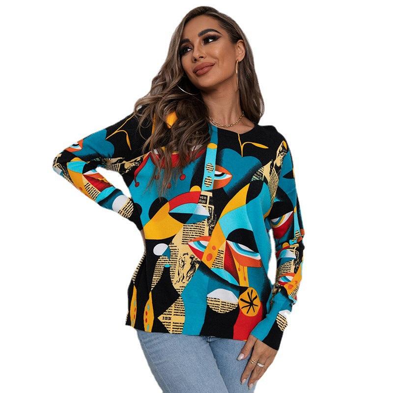 Printed Round Neck Pullover Knitted Sweater - Trendha