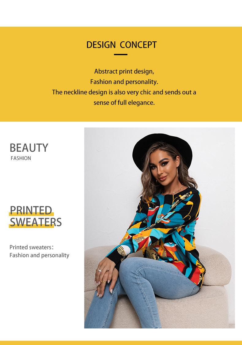 Printed Round Neck Pullover Knitted Sweater - Trendha