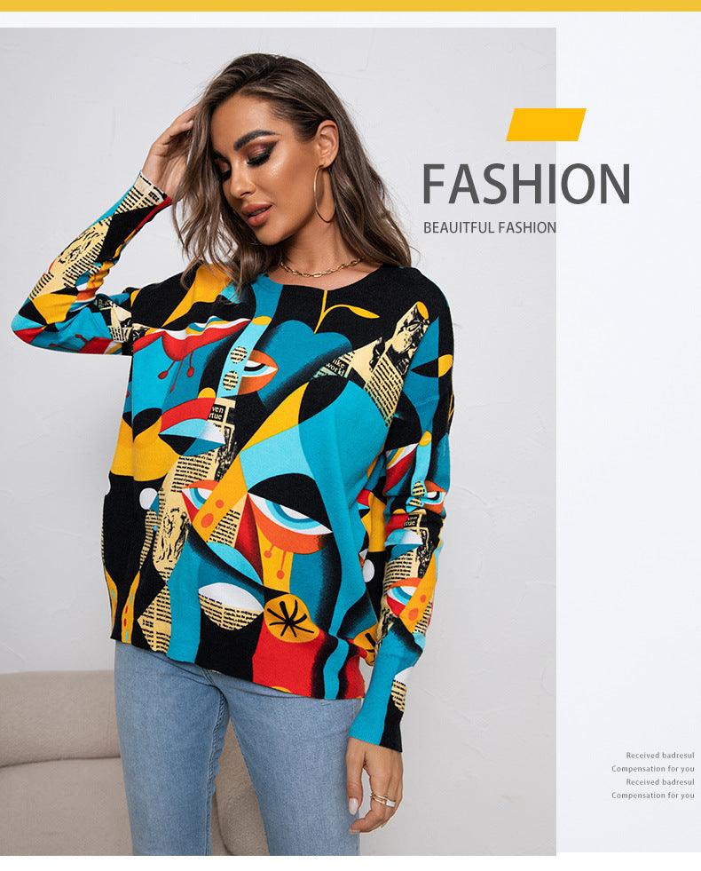 Printed Round Neck Pullover Knitted Sweater - Trendha