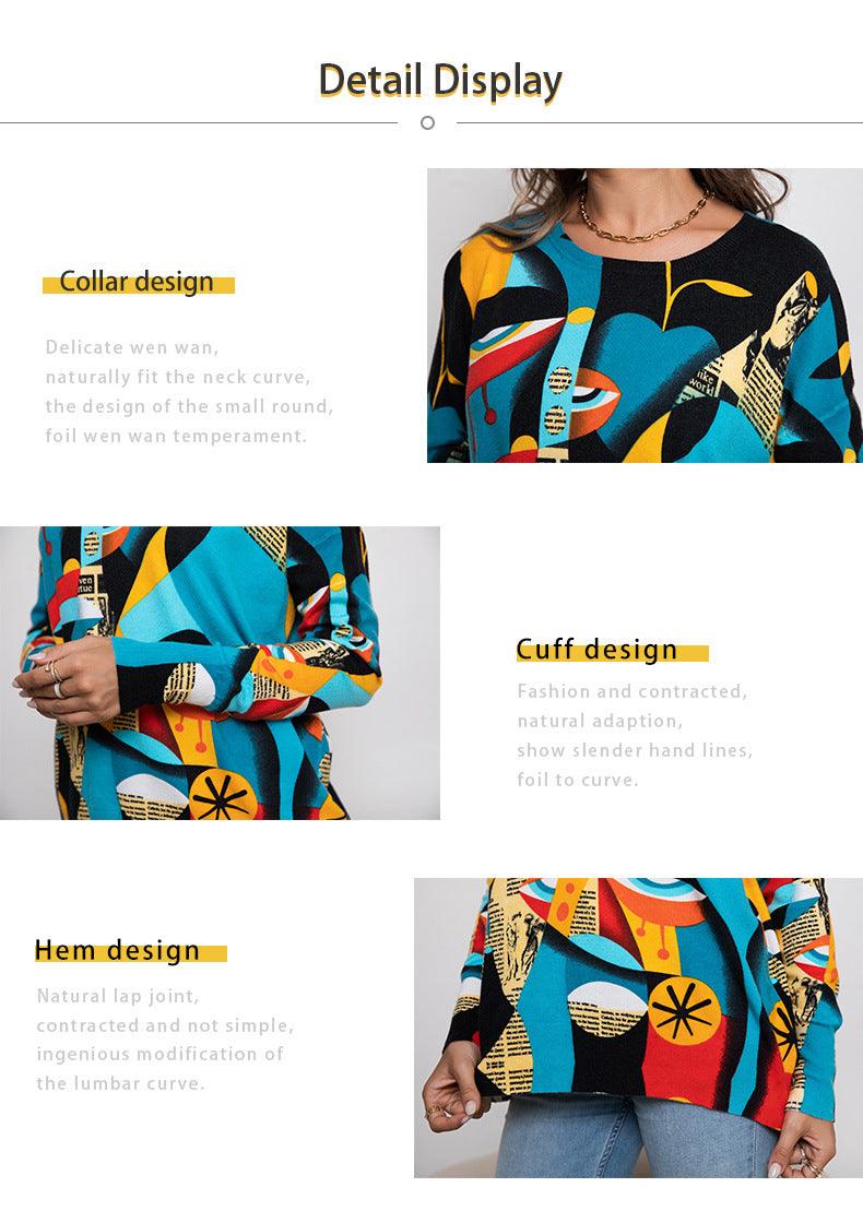 Printed Round Neck Pullover Knitted Sweater - Trendha