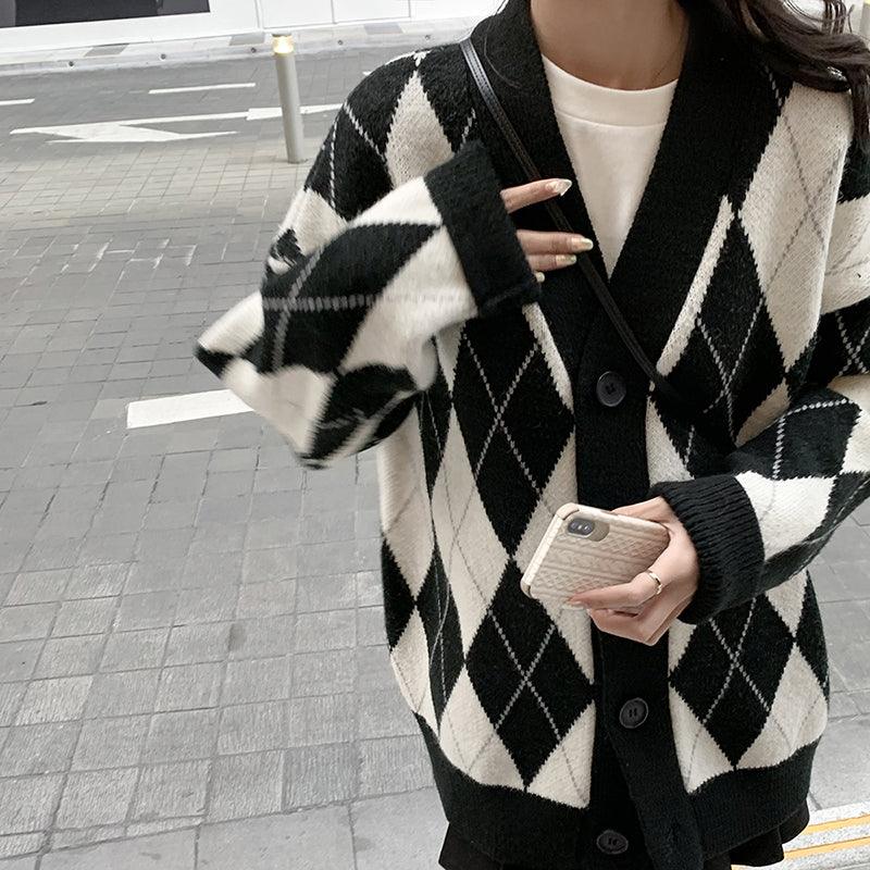 Retro Lazy Loose Rhombus Mid-Length Jacket - Trendha