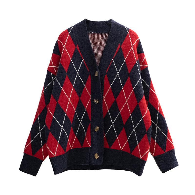 Retro Lazy Loose Rhombus Mid-Length Jacket - Trendha