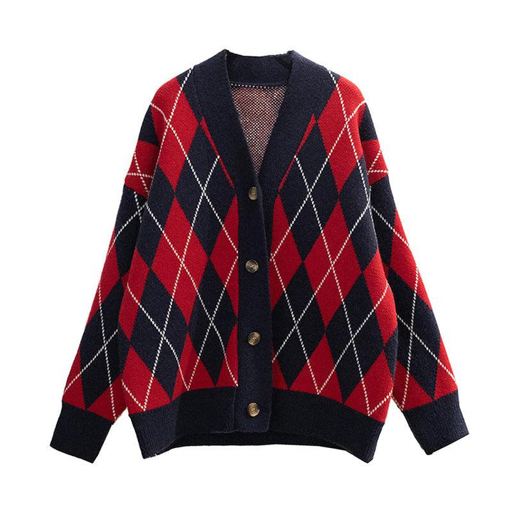 Retro Lazy Loose Rhombus Mid-Length Jacket - Trendha