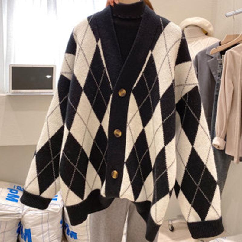 Retro Lazy Loose Rhombus Mid-Length Jacket - Trendha