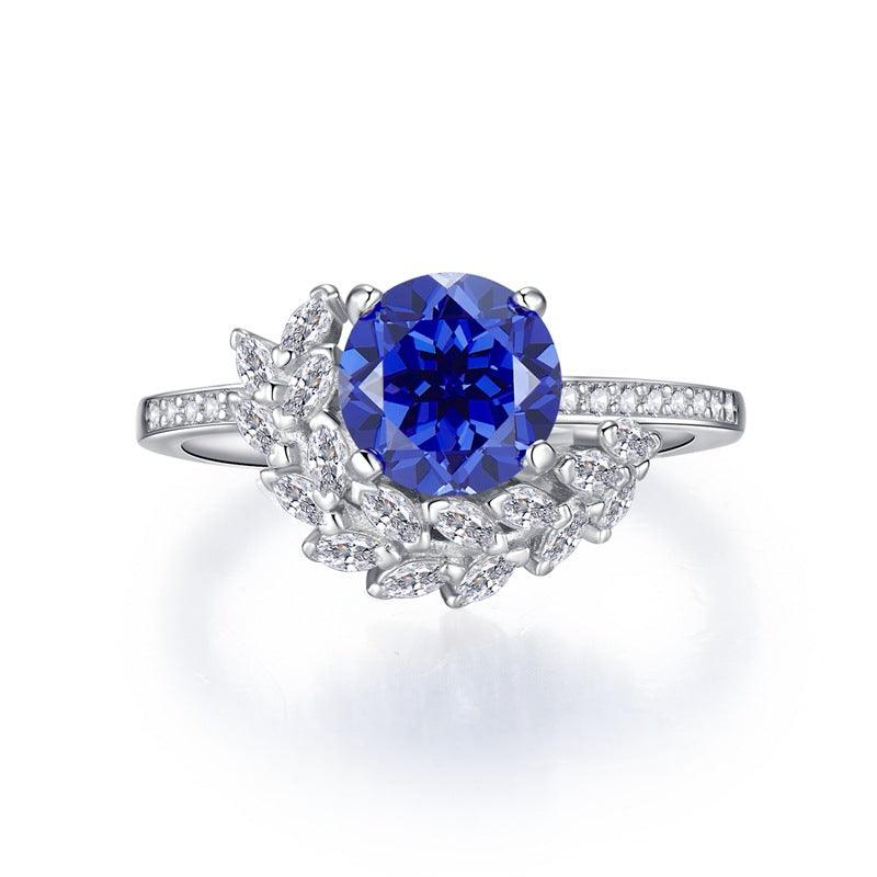 S925 Silver Blue Treasure 8mm Round Diamond Ring - Trendha