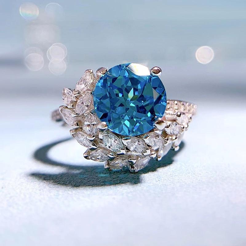 S925 Silver Blue Treasure 8mm Round Diamond Ring - Trendha