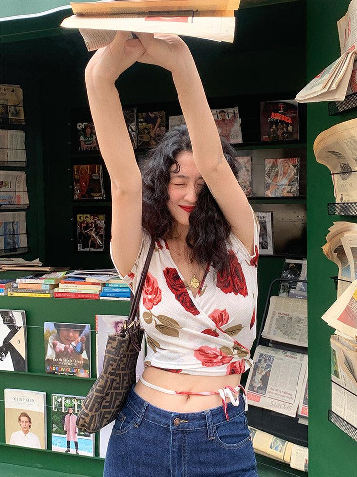 Short Lace Up Slim V-neck Short-sleeved T-shirt Women's Top - Trendha