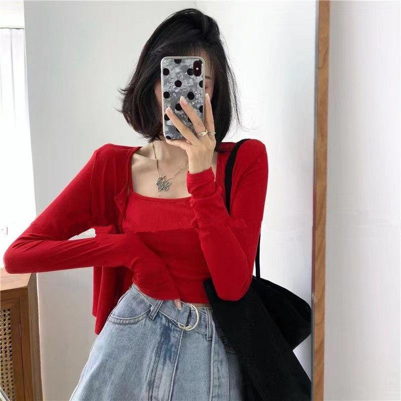 Short Suspender Vest Long Sleeved Cardigan Two-piece Set For Women - Trendha