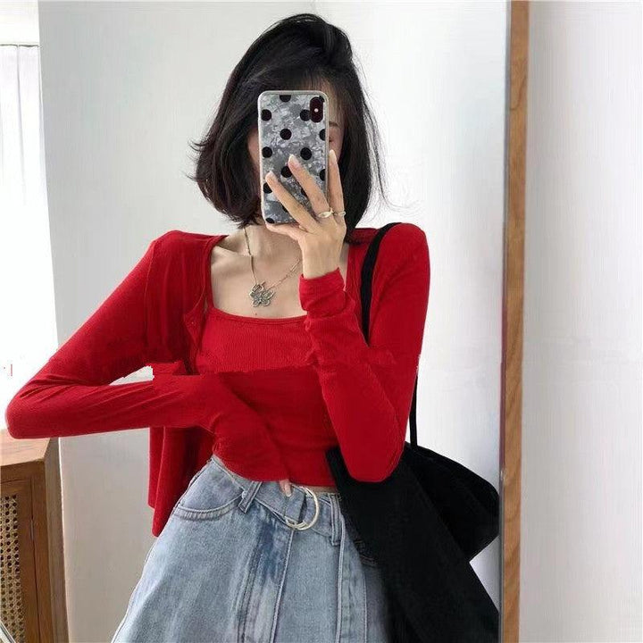 Short Suspender Vest Long Sleeved Cardigan Two-piece Set For Women - Trendha
