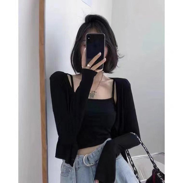 Short Suspender Vest Long Sleeved Cardigan Two-piece Set For Women - Trendha